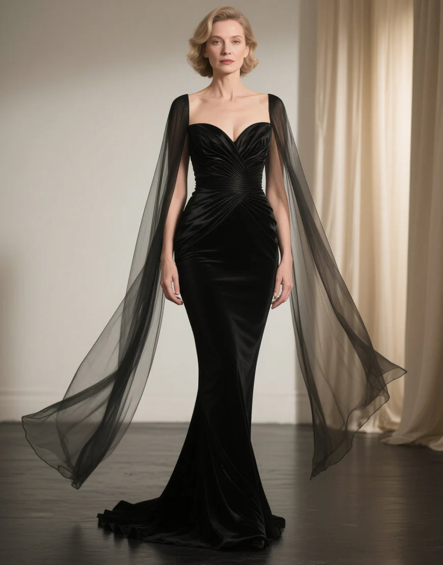 Black Satin Long Mermaid Full Of Charm Mother of Bride Dress
